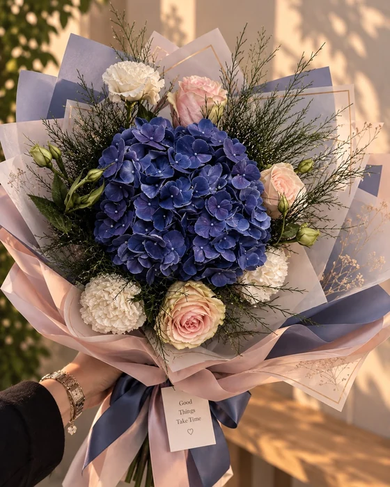 Buchet Albastru rar, hortensie albastră, trandafiri și lisianthus, disponibil la buchetomatul Pipo din Chiajna Shopping Center