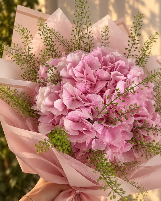 Buchet Hortensia roz, hortensie roz cu verdeață proaspătă, disponibil la buchetomatul Pipo din Chiajna Shopping Center