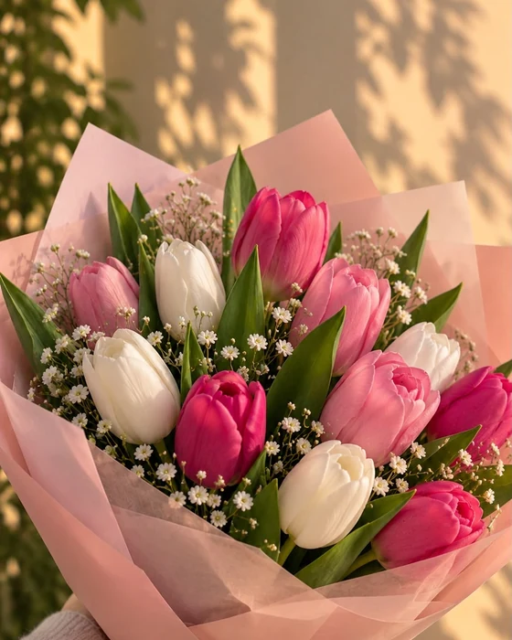 Buchet Lalele, lalele roz și albe cu floarea-miresei, disponibil la buchetomatul Pipo din Chiajna Shopping Center