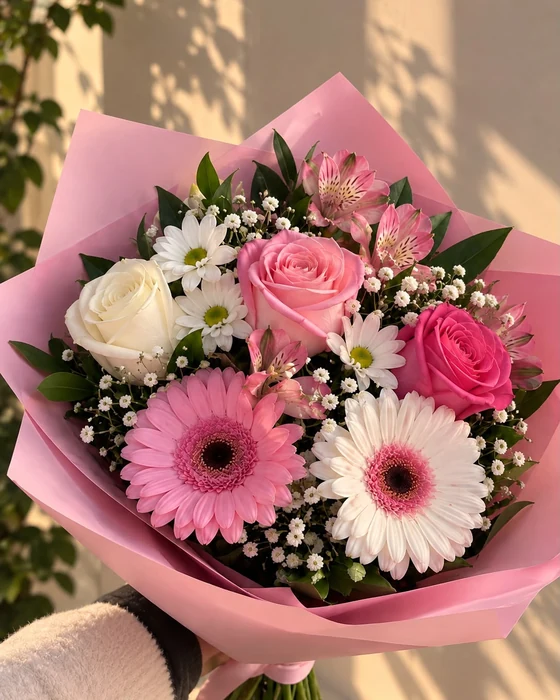Buchet Tandrețe, trandafiri, gerbera și alstroemeria, disponibil la buchetomatul Pipo din Chiajna Shopping Center
